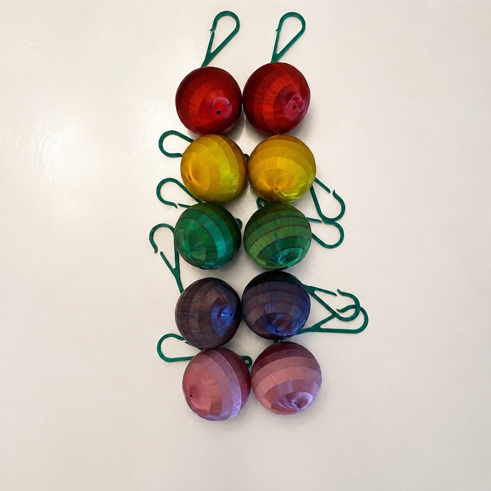 Vintage 2 Inch Silk Wrapped Christmas Ornaments Rainbow Set of 10 with Hooks